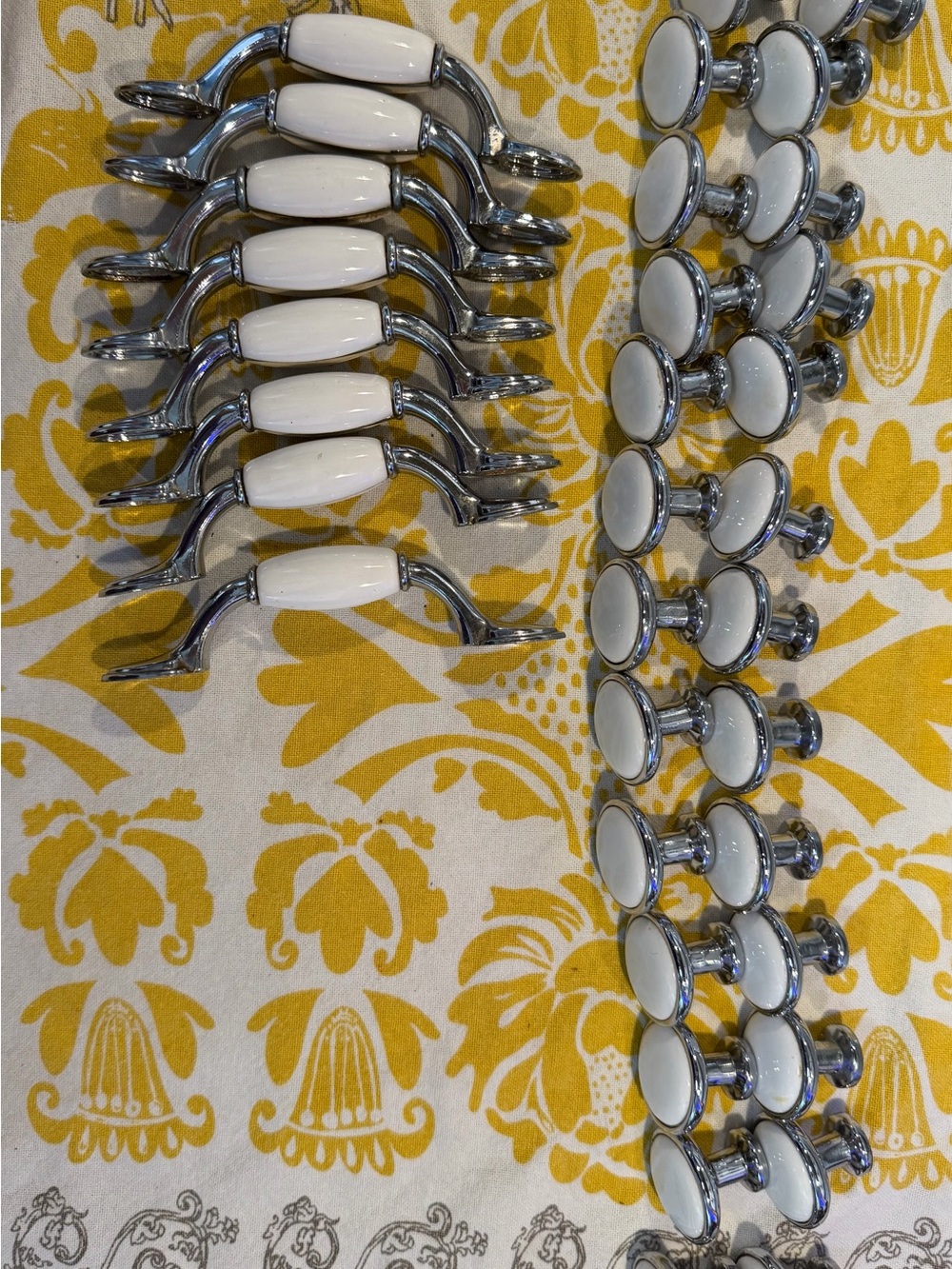 White Ceramic and Chrome Cabinet Pulls and Knobs - Set of Decorative Hardware